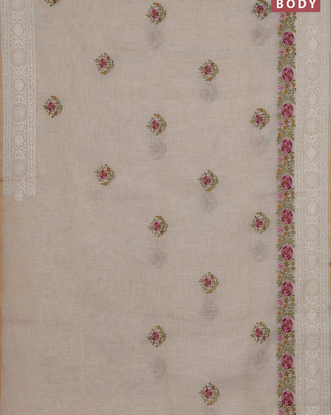 Linen cotton saree cream with embroidery buttas and embroidery pallu