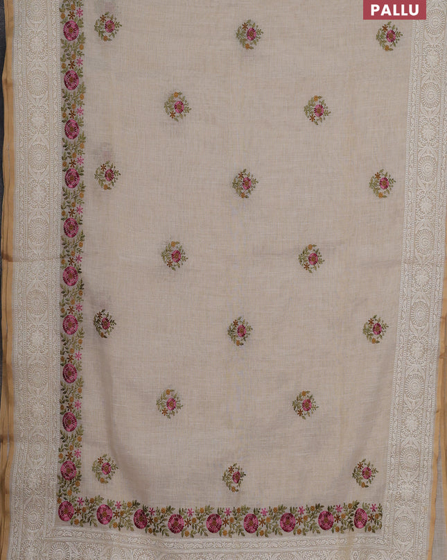 Linen cotton saree cream with embroidery buttas and embroidery pallu