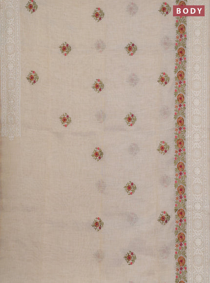 Linen cotton saree cream with embroidery buttas and embroidery pallu
