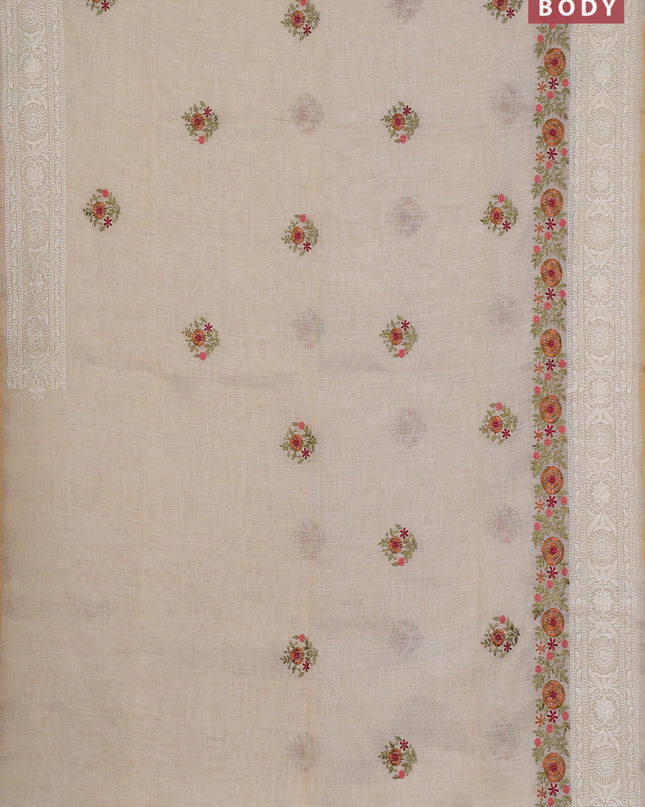 Linen cotton saree cream with embroidery buttas and embroidery pallu
