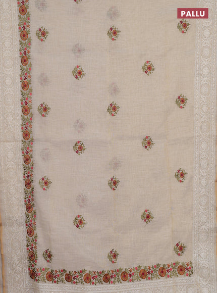 Linen cotton saree cream with embroidery buttas and embroidery pallu