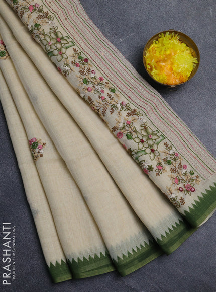 Linen cotton saree cream and green with embroidery buttas and embroidery pallu
