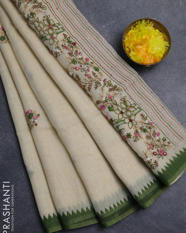 Linen cotton saree cream and green with embroidery buttas and embroidery pallu