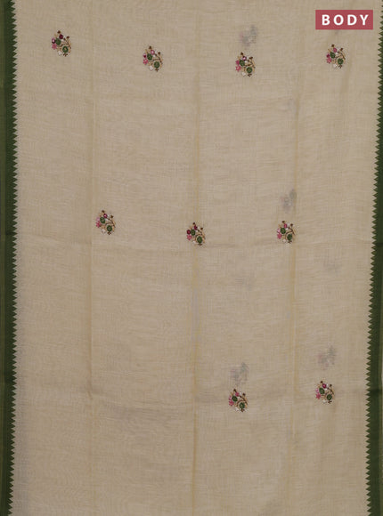Linen cotton saree cream and green with embroidery buttas and embroidery pallu