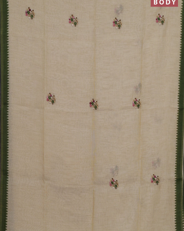 Linen cotton saree cream and green with embroidery buttas and embroidery pallu