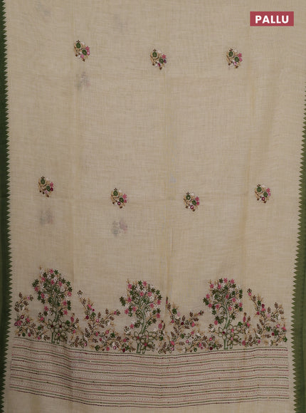 Linen cotton saree cream and green with embroidery buttas and embroidery pallu