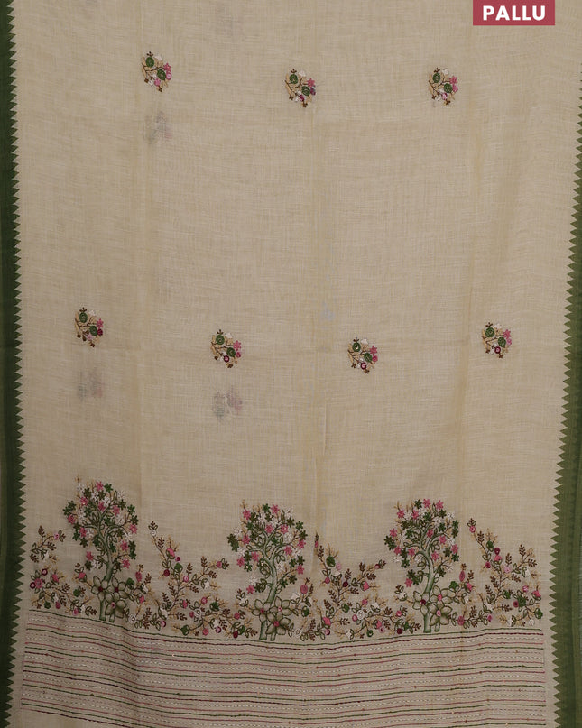 Linen cotton saree cream and green with embroidery buttas and embroidery pallu