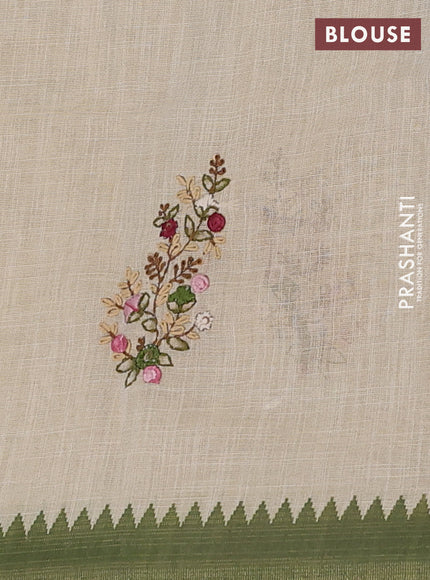 Linen cotton saree cream and green with embroidery buttas and embroidery pallu