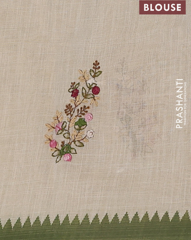 Linen cotton saree cream and green with embroidery buttas and embroidery pallu