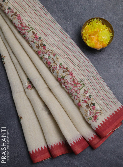 Linen cotton saree cream and maroon with embroidery buttas and embroidery pallu