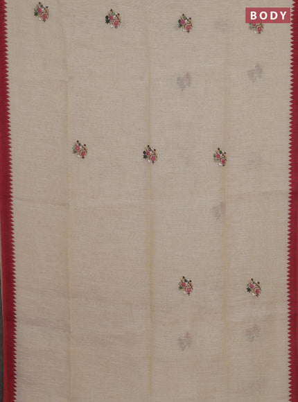 Linen cotton saree cream and maroon with embroidery buttas and embroidery pallu