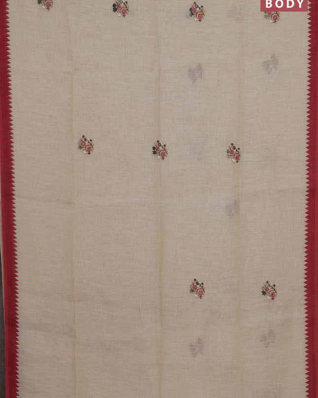 Linen cotton saree cream and maroon with embroidery buttas and embroidery pallu