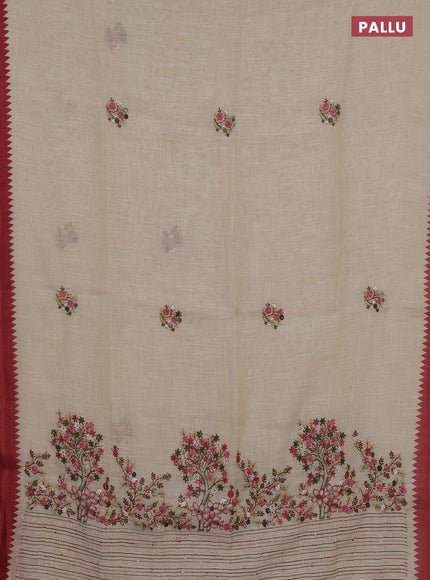Linen cotton saree cream and maroon with embroidery buttas and embroidery pallu