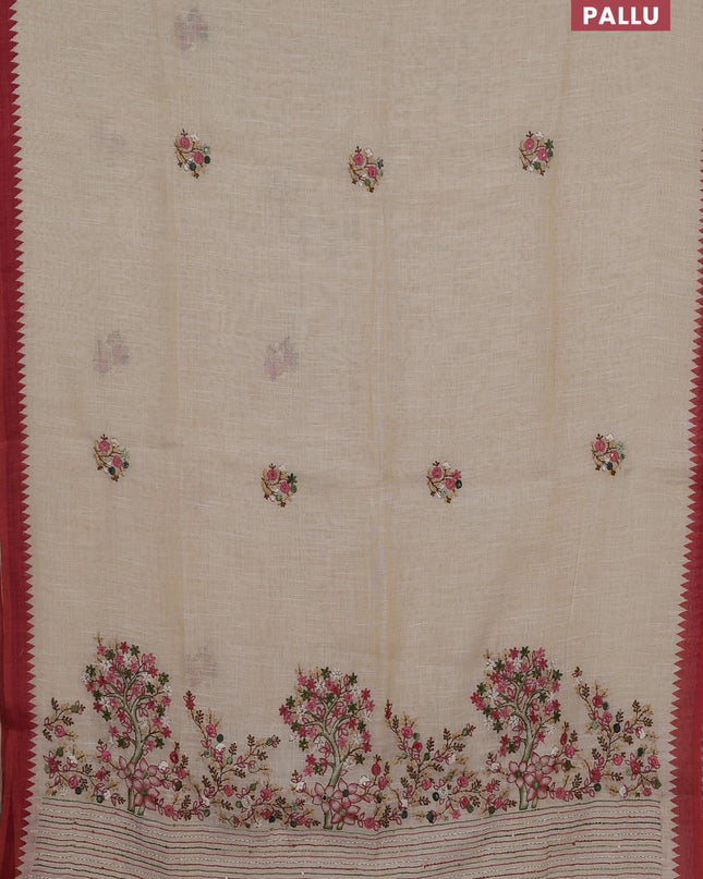 Linen cotton saree cream and maroon with embroidery buttas and embroidery pallu
