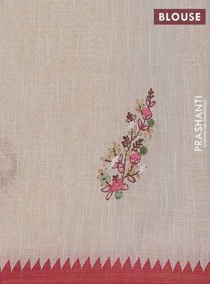 Linen cotton saree cream and maroon with embroidery buttas and embroidery pallu