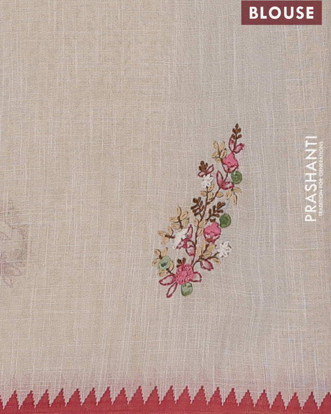 Linen cotton saree cream and maroon with embroidery buttas and embroidery pallu