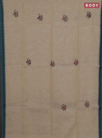 Linen cotton saree cream and cs blue with embroidery buttas and embroidery pallu