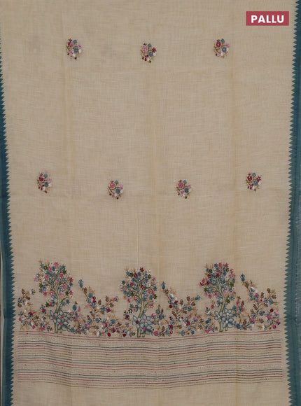 Linen cotton saree cream and cs blue with embroidery buttas and embroidery pallu