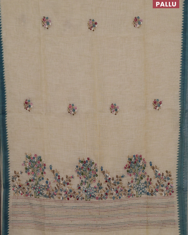 Linen cotton saree cream and cs blue with embroidery buttas and embroidery pallu