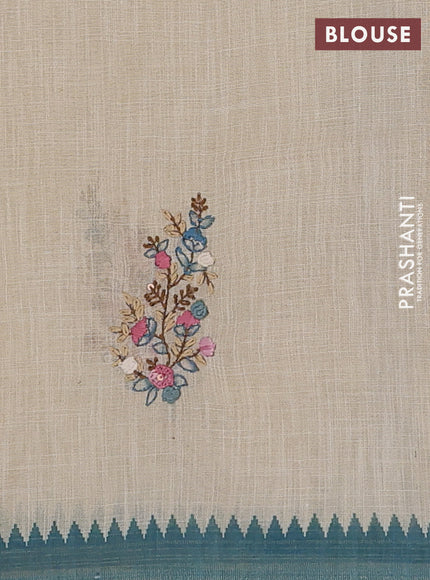 Linen cotton saree cream and cs blue with embroidery buttas and embroidery pallu