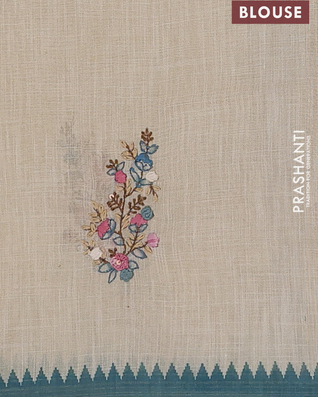 Linen cotton saree cream and cs blue with embroidery buttas and embroidery pallu