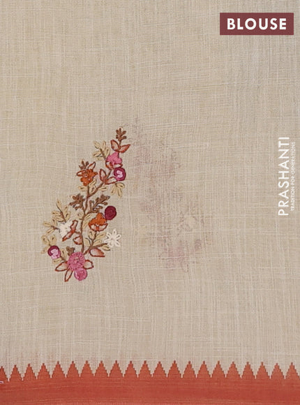 Linen cotton saree cream and rust with embroidery buttas and embroidery pallu