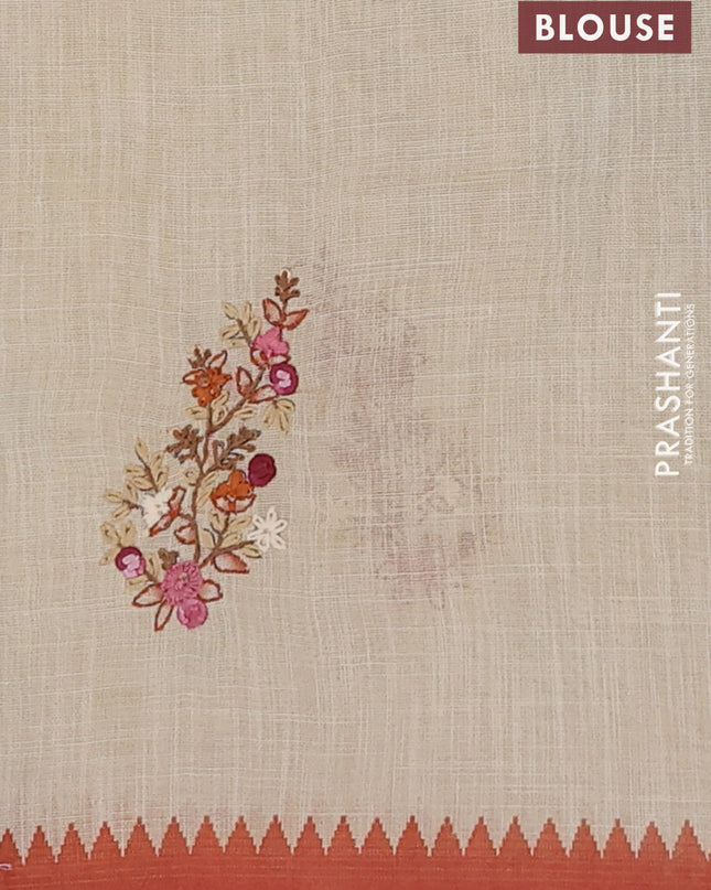Linen cotton saree cream and rust with embroidery buttas and embroidery pallu