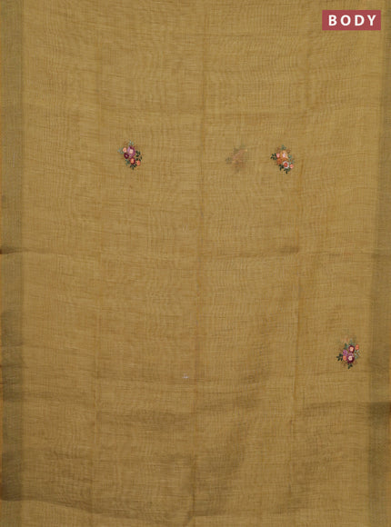 Linen cotton saree pale yellow with embroidery buttas and embroidery pallu