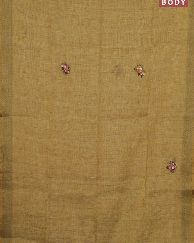 Linen cotton saree pale yellow with embroidery buttas and embroidery pallu