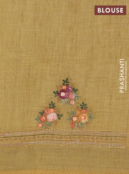 Linen cotton saree pale yellow with embroidery buttas and embroidery pallu