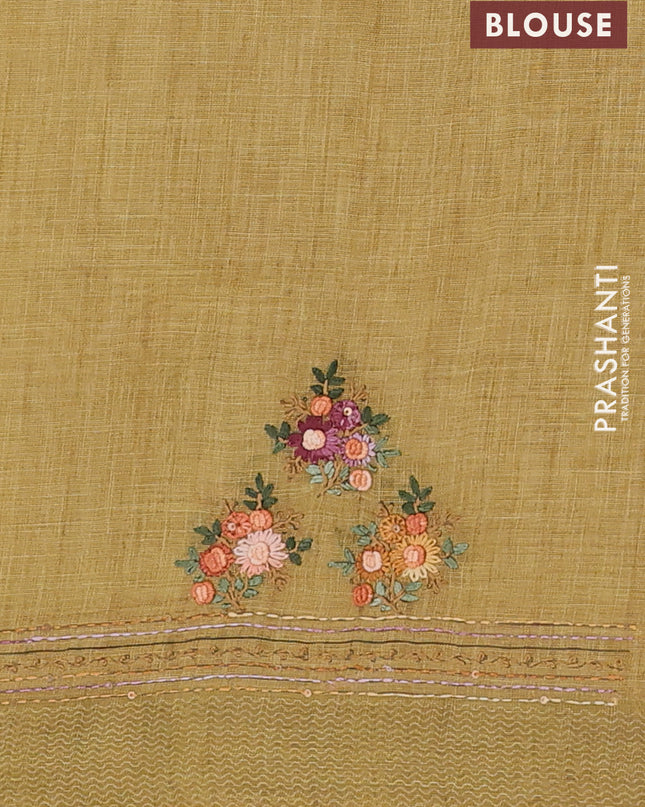 Linen cotton saree pale yellow with embroidery buttas and embroidery pallu