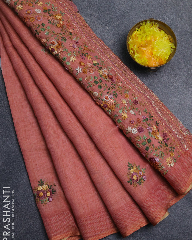 Linen cotton saree peach orange with embroidery buttas and embroidery pallu