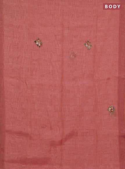 Linen cotton saree peach orange with embroidery buttas and embroidery pallu