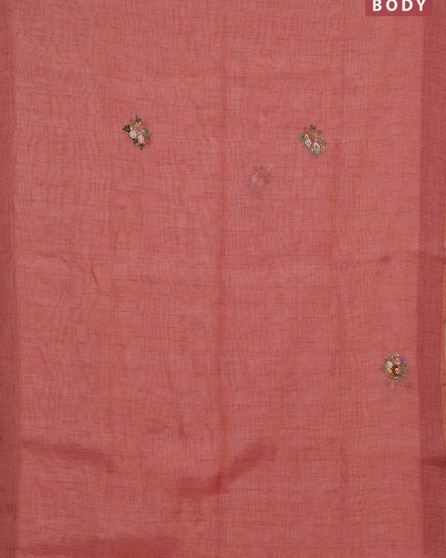 Linen cotton saree peach orange with embroidery buttas and embroidery pallu
