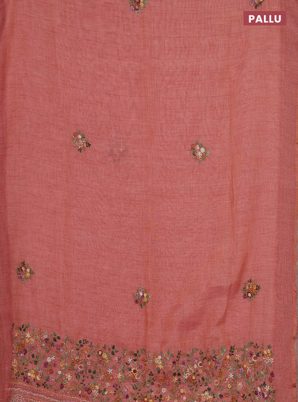Linen cotton saree peach orange with embroidery buttas and embroidery pallu
