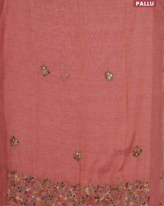 Linen cotton saree peach orange with embroidery buttas and embroidery pallu
