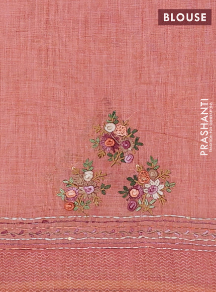 Linen cotton saree peach orange with embroidery buttas and embroidery pallu