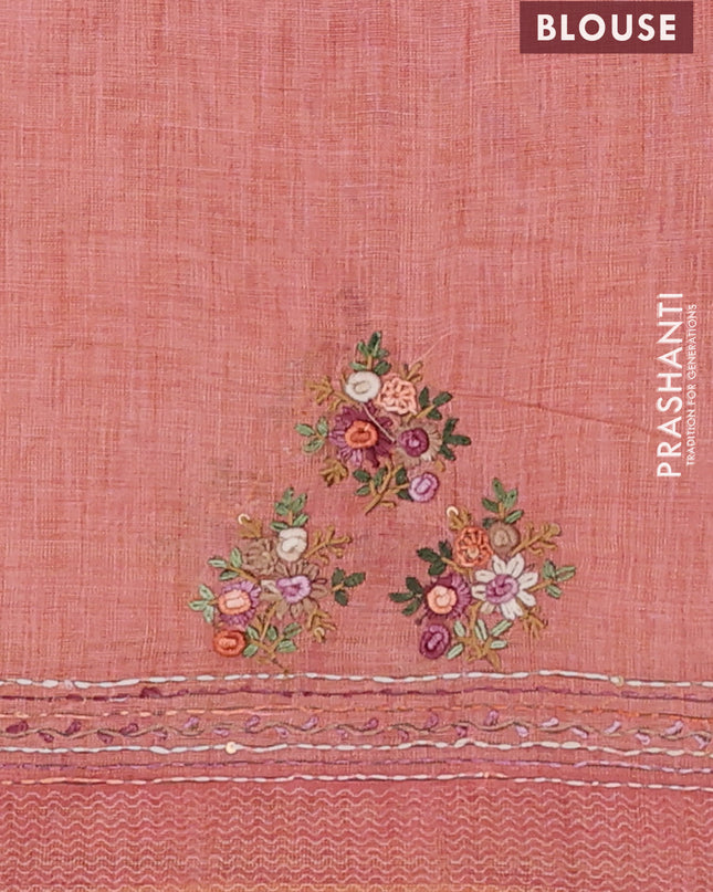 Linen cotton saree peach orange with embroidery buttas and embroidery pallu