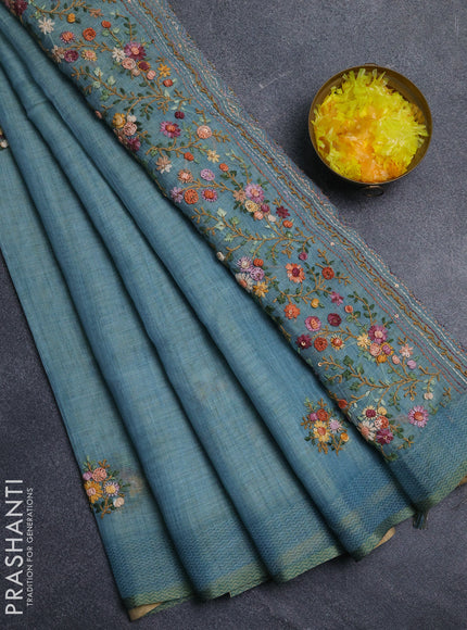 Linen cotton saree teal blue with embroidery buttas and embroidery pallu