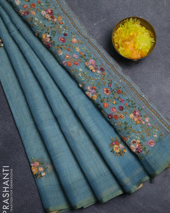 Linen cotton saree teal blue with embroidery buttas and embroidery pallu