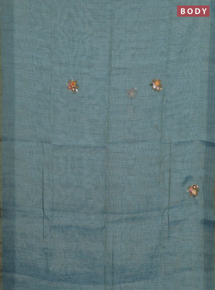 Linen cotton saree teal blue with embroidery buttas and embroidery pallu