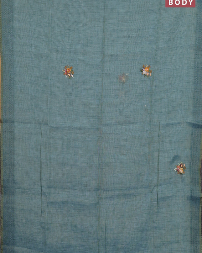 Linen cotton saree teal blue with embroidery buttas and embroidery pallu