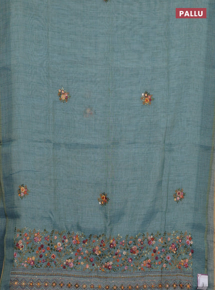 Linen cotton saree teal blue with embroidery buttas and embroidery pallu