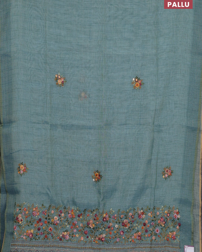 Linen cotton saree teal blue with embroidery buttas and embroidery pallu