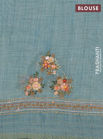 Linen cotton saree teal blue with embroidery buttas and embroidery pallu
