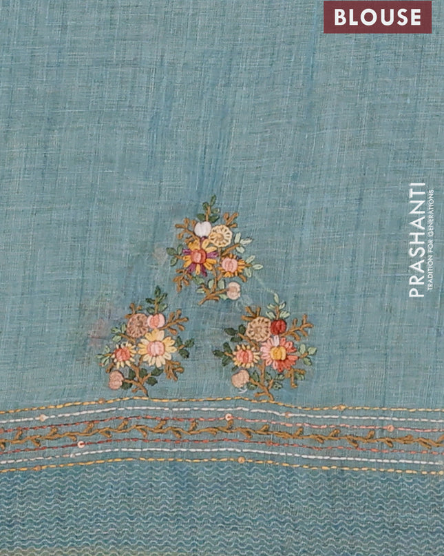 Linen cotton saree teal blue with embroidery buttas and embroidery pallu