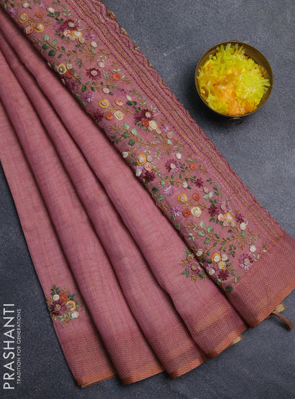 Linen cotton saree peach pink with embroidery buttas and embroidery pallu