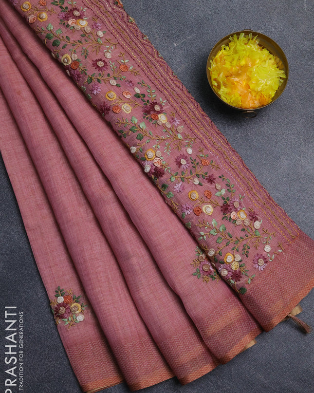 Linen cotton saree peach pink with embroidery buttas and embroidery pallu