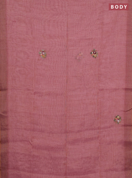Linen cotton saree peach pink with embroidery buttas and embroidery pallu