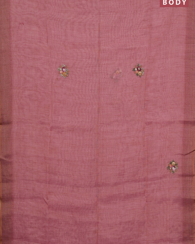 Linen cotton saree peach pink with embroidery buttas and embroidery pallu
